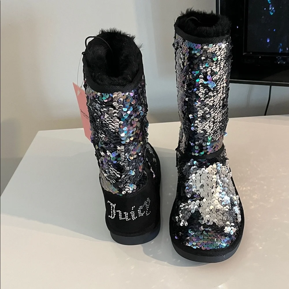 Juicy Couture Black and Silver‎ Sequin Winter Boots Size 8